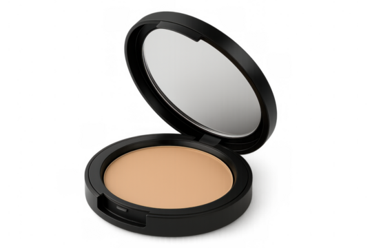 Beige compact powder with open lid showing mirror on a transparent background, perfect for beauty and makeup projects