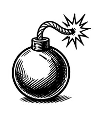 Illustration of a Round Bomb with a Lit Fuse in Black and White Detailed Style