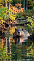 Beaver in autumnal forest stream