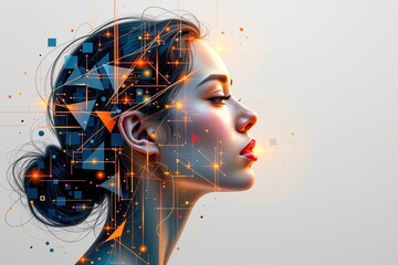 Profile of a woman with digital and geometric elements integrated into her head, symbolizing the fusion of human and technology.