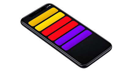 Smartphone displaying colorful gradient bar chart on its screen, featuring yellow, red, and blue bars. device is angled on plain background, highlighting vibrant display