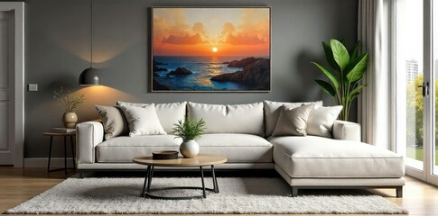 Stylish modern living room interior with comfortable sofa, decorative cushions, elegant coffee table, and stylish artwork Perfect for home decor inspiration , relaxing, aesthetic, interior styling