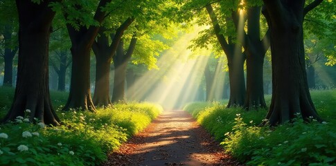 Obraz premium Sun-dappled forest path leading into a tranquil woodland foyer, sunlight filtering through the leaves , winter, twigs, trees