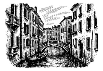 Engraving illustration of canal and architecture in Venice, Italy with boat