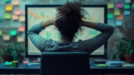 Overwhelmed by Data: A woman sits at her desk, hands on her head, staring at a computer screen filled with complex data charts and graphs. Sticky notes cover the wall behind her.