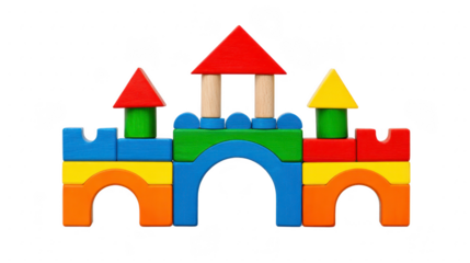 Colorful wooden building blocks arranged in castle shape featuring arches towers and roofs in vibrant red blue yellow green and orange. playful design sparks creativity and imagination