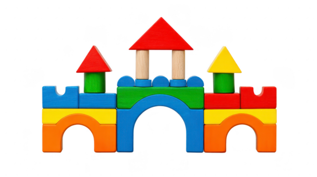Colorful wooden building blocks arranged in castle shape featuring arches towers and roofs in vibrant red blue yellow green and orange. playful design sparks creativity and imagination
