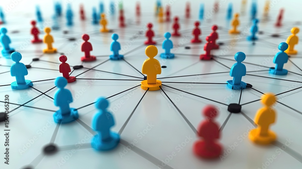 Poster a dynamic illustration visualizing interconnected nodes, with diverse figurines of varying colors fo
