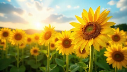 Fototapeta premium A field of sunflowers basking in the golden sunlight, their faces turned towards the sun, creating a vibrant and joyful scene Perfect for summer, nature, and happiness themes , petal, yellow
