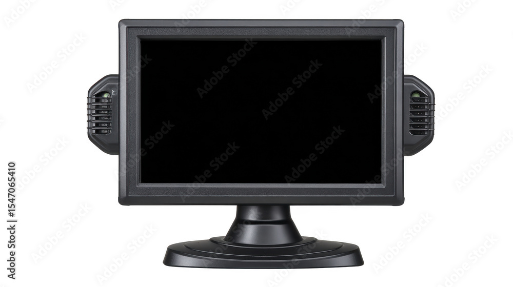Poster black computer monitor with stand is displayed, featuring blank screen and two side attachments. des