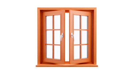 Wooden framed double casement window with clear glass panes and white handles, offering classic and elegant design. window is open, allowing light to pass through