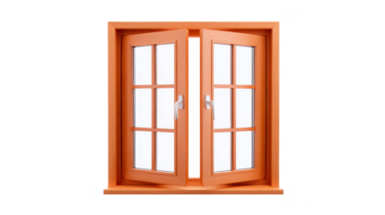 Wooden framed double casement window with clear glass panes and white handles, offering classic and elegant design. window is open, allowing light to pass through