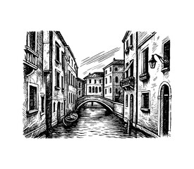 Venice canal view with old buildings and bridge detailed illustration in black and white