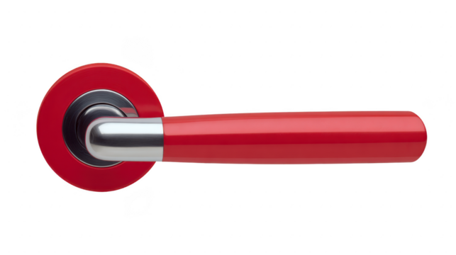 Sleek red door handle with modern design, featuring shiny metallic base and smooth finish, perfect for contemporary interiors. vibrant color adds bold touch to any door - Powered by Adobe