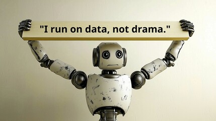 Cute robot raises a humor message about the bright side of AI, robotic automation and technology