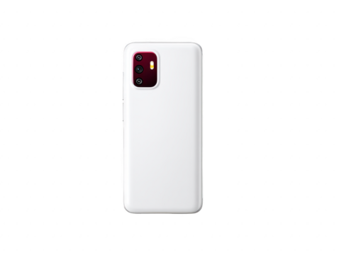 Sleek white smartphone with dual camera setup on back, featuring minimalist design. phone smooth surface and modern aesthetic make it visually appealing