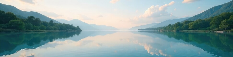 Fototapeta premium A serene landscape, a still pond reflecting a calm sky, embodying tranquility and emotional stillness Perfect for meditation, mindfulness, or peace-related themes , meditation, imagery, pond