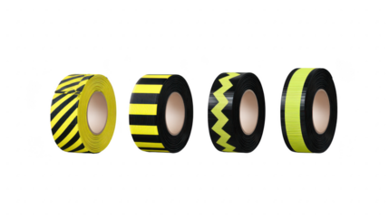 Four rolls of black and yellow caution tape with different patterns, including stripes and zigzags, are displayed. These tapes are commonly used for safety and marking hazardous areas