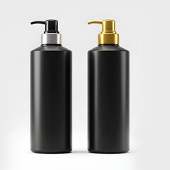 Black cosmetic bottles with dispenser pumps against a white background showcasing packaging options for beauty and personal care products