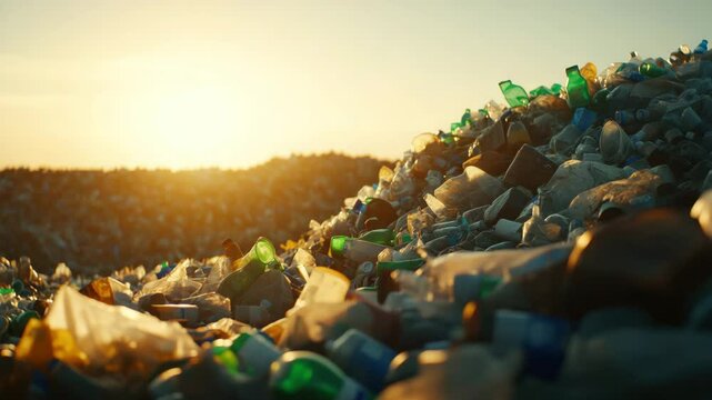 Plastic bottle pile at sunset highlights pollution and waste impact on environment, urgent recycling and cleanup needed to protect nature from landfill trash and environmental crisis effects