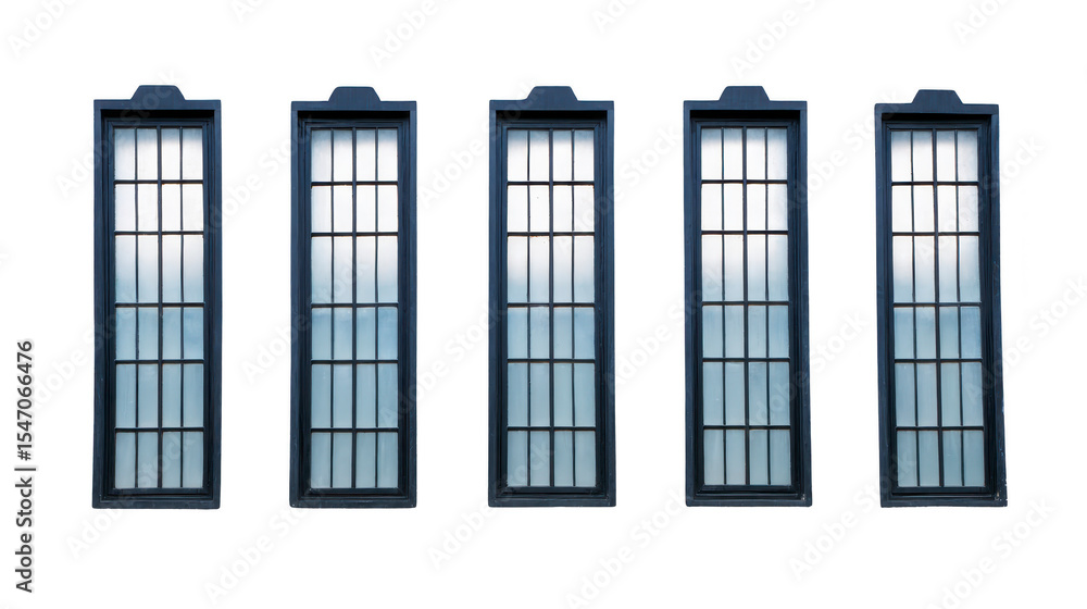 Poster five tall, rectangular windows with grid pattern and dark frames are aligned row, creating symmetric