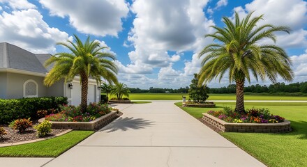 Fototapeta premium Sunny view of a driveway leading to a house with palm trees and colorful flowerbeds. Bright blue sky with clouds.