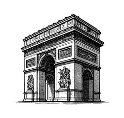 Detailed Engraving of Arc de Triomphe in Paris France with Black and White Color Isolated