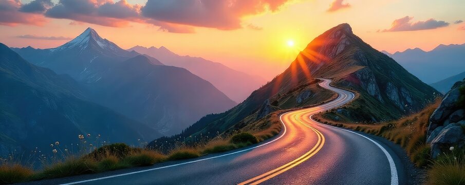 A winding mountain road stretches towards a distant, sunlit peak, symbolizing a challenging yet rewarding journey of self-discovery and personal growth , trees, tranquil, travel
