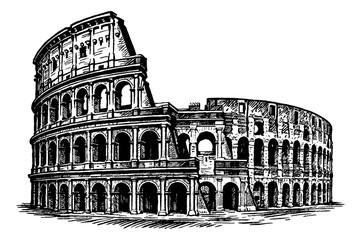 Colosseum Rome Italy in Black and White Detailed Engraving Style with Perspective View