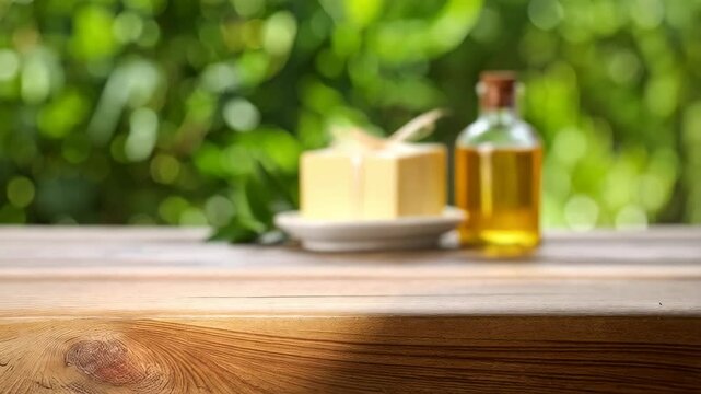Shea butter block with ribbon and organic oil bottle sitting on wooden table with blurred green bokeh background