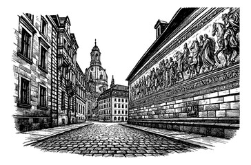 Detailed Black and White Engraving of a Street View in Dresden, Germany with Cobblestone Road