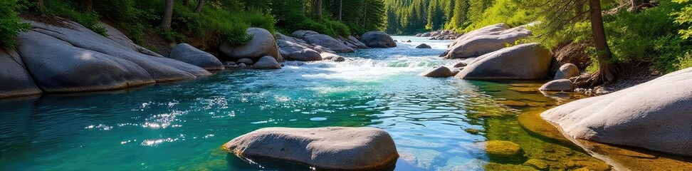 Fototapeta premium Crystal clear Yellowstone River water flows over smooth rocks, reflecting the surrounding vibrant landscape Perfect for travel, nature, or environmental themes , geothermal, untouched