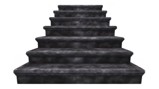 Set of dark, textured stairs with slightly worn appearance, creating mysterious and dramatic atmosphere. steps are evenly spaced and appear to lead upwards, inviting exploration
