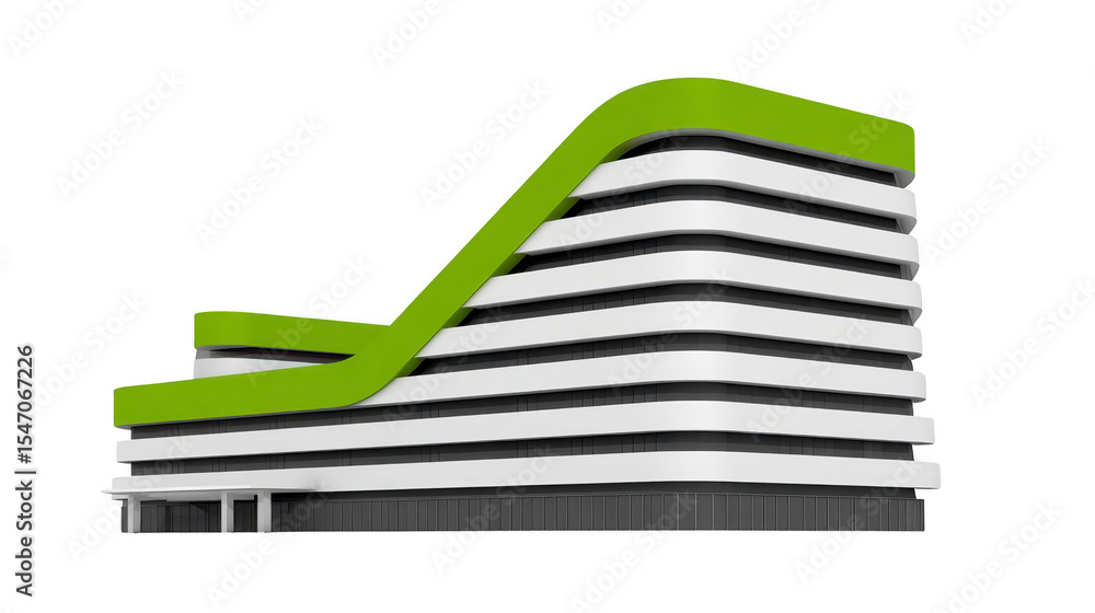 Poster modern architectural building features sleek, futuristic design with layered white and green element