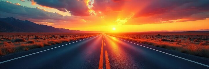 Naklejka premium Endless asphalt ribbon stretches towards a vibrant sunset horizon, promising adventure and open road freedom The perfect image for travel, wanderlust, and exploration themes , summer, tires