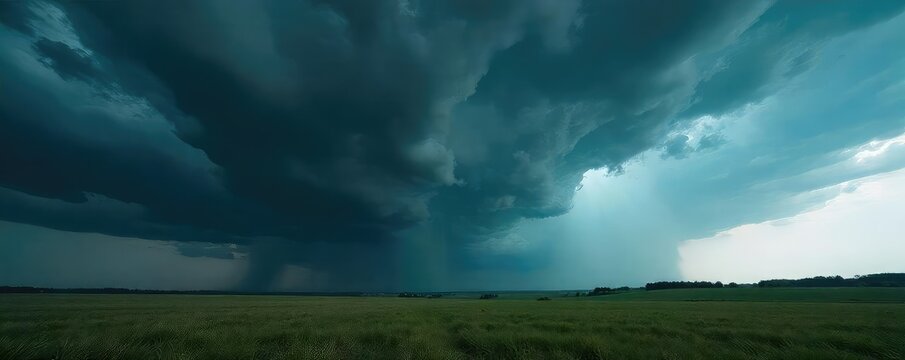 Dramatic panoramic view of a dark, brooding storm cloud dominating the landscape, ominous and heavy with impending rain Vast, moody sky, atmospheric, intense, powerful , grey, dark clouds - Powered by Adobe