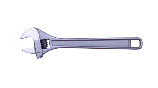Silver adjustable wrench with movable jaw for gripping various sizes of nuts and bolts, commonly used in mechanical and plumbing tasks. tool is isolated on transparency background