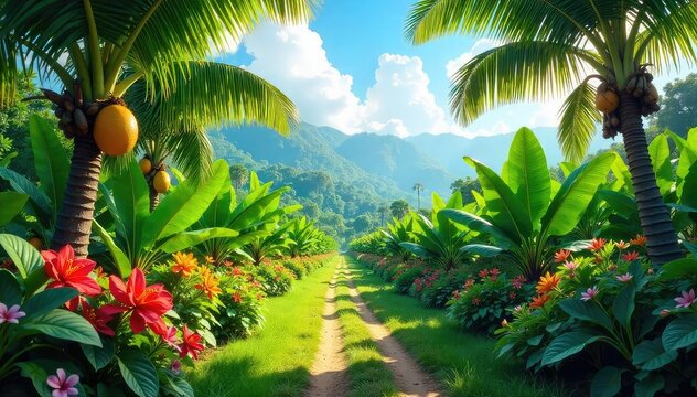 Lush green foliage of a tropical plantation, vibrant flowers, and abundant fruit trees under a bright sunny sky A tranquil scene of idyllic nature , peaceful, serene - Powered by Adobe