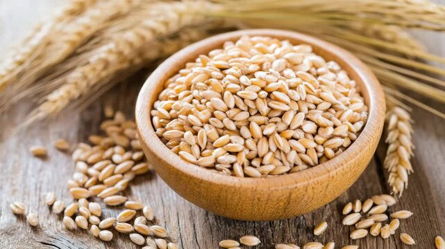 Wheat grain wooden bowl with scattered kernels and wheat stalks rustic wooden surface natural healthy food concept warm tones soft lighting agriculture harvest cereal natural food grain kernel stalk