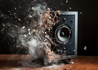 45. A speaker disintegrating into sound and mesh