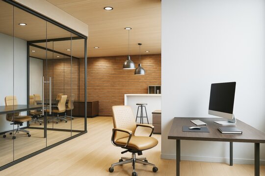 Contemporary office interior with wood and glass elements, modern furniture, and minimalist decor in neutral tones and soft lighting.