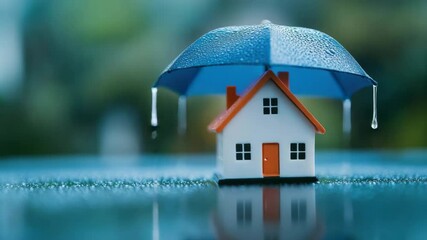 Miniature house with orange roof under blue umbrella rain protection shelter water drops wet roof drop safe home insurance calm secure atmosphere