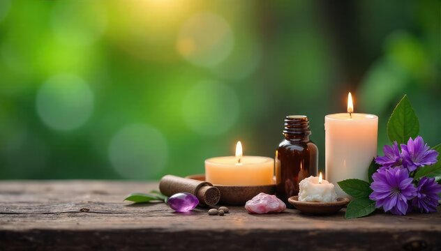 Serene scene of homeopathic remedies alongside meditation tools; candles, crystals, and calming nature imagery Peaceful atmosphere for holistic well-being , spiritual growth, self-care