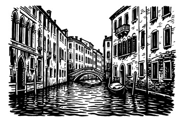 Black and White Engraving of Venice Canal with Buildings, Bridge and Gondola