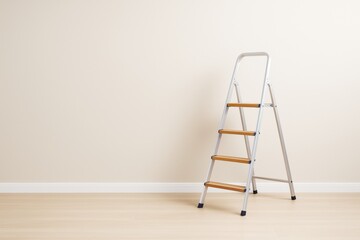 Metal step ladder with wooden steps standing in modern empty room with bright beige wall and wooden floor in contemporary interior design space.