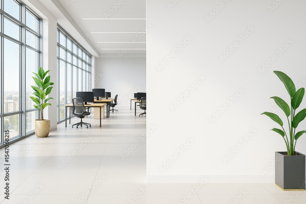 Poster modern office interior with blank white wall and workspace desks near large windows, perfect for bra