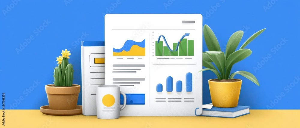 Aufkleber digital analytics report with growing trends and graphs in a modern workspace featuring plants and o