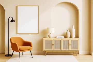 Modern minimalist living room interior with blank poster frame, stylish furniture and neutral decor elements for branding or artwork mockup template.