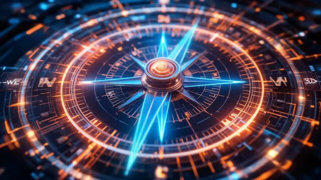 Digital compass with glowing lines, particles. Tech concept, navigation, direction visualization. North, east, south, west directions, futuristic design. Abstract illustration, modern tech innovation.