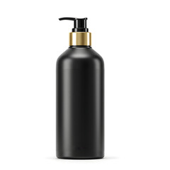 Elegant black cosmetic bottle with gold pump dispenser realistic product presentation for beauty and skincare product mockup isolated on white background